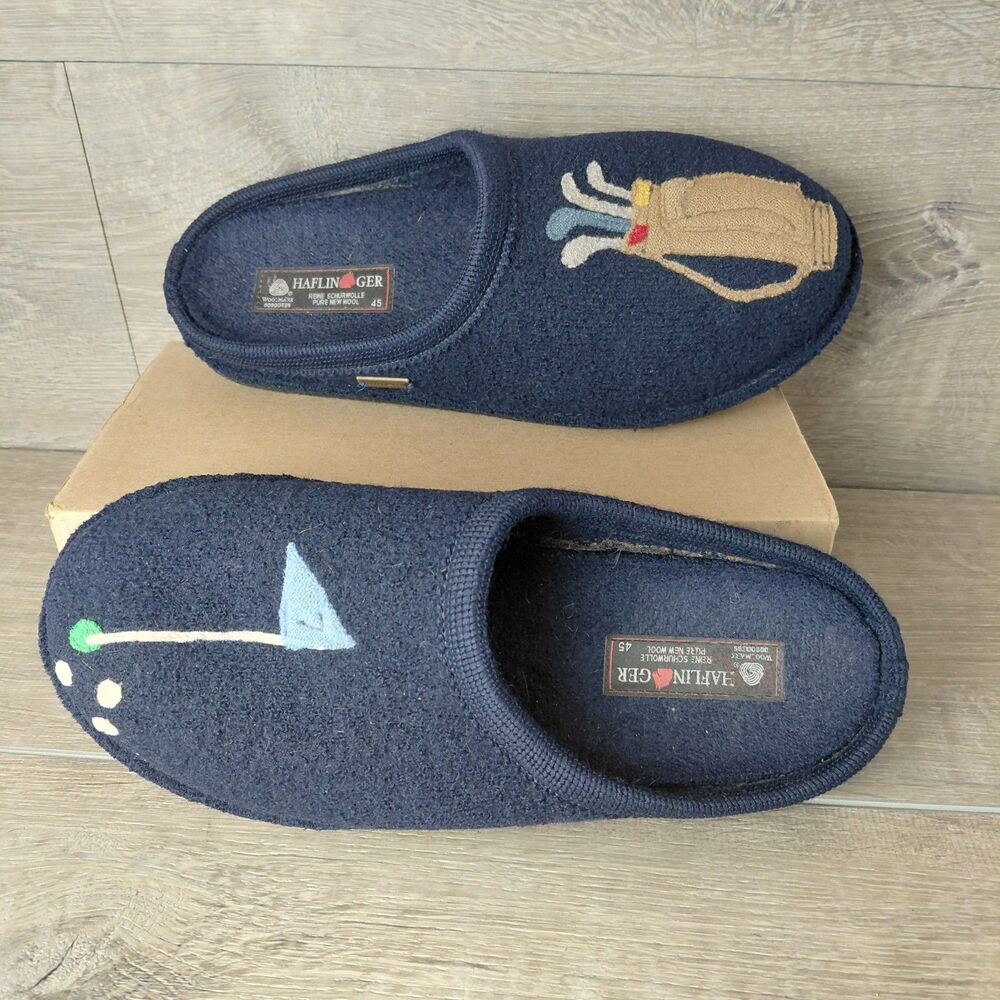 Haflinger Golf Slippers Mens 12 Blue Embroidered Wool Slip On Comfort Shoes